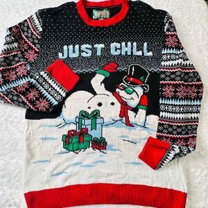 Ugly Christmas Sweater Womens Black Red Snowman Just Chill Knit Sweater XXL NWOT